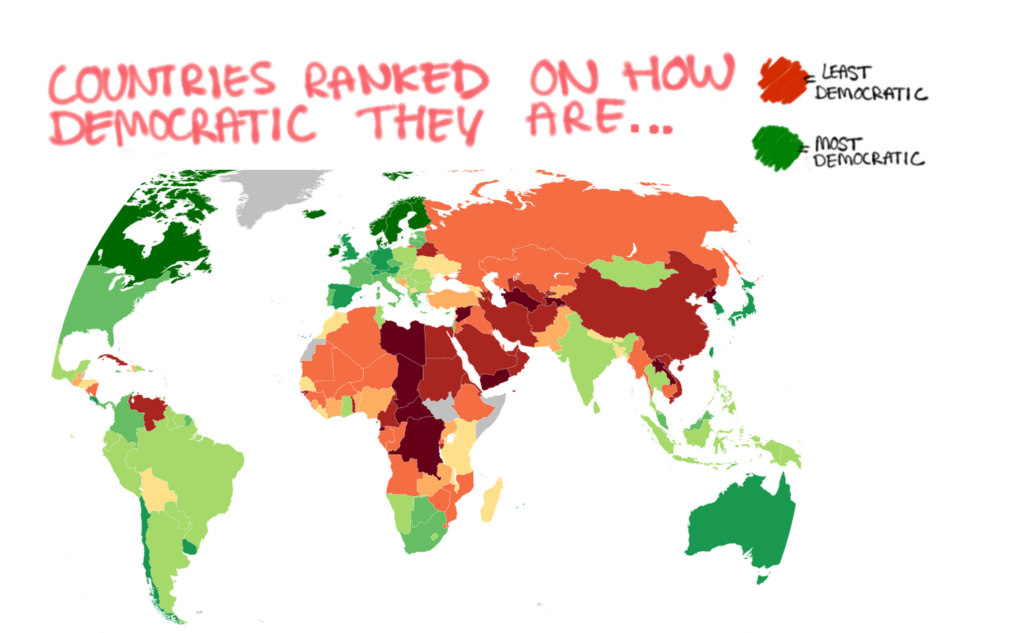 World map showing how democratic different countries are