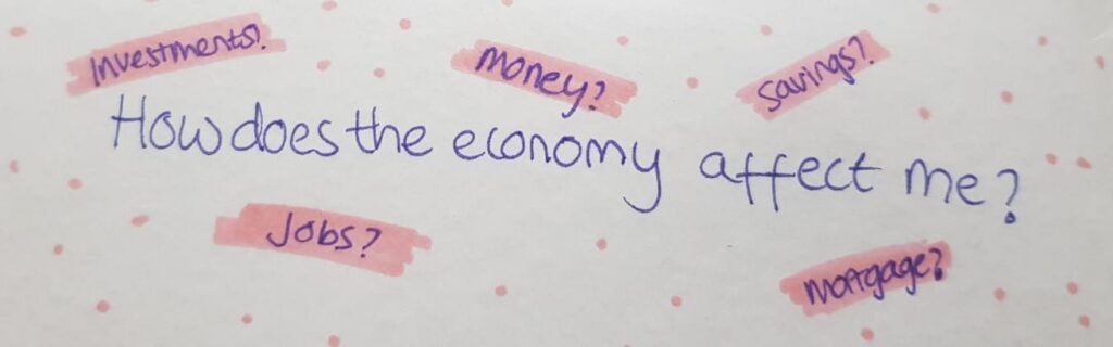 A question asking how does the economy affect me with pink d
s and the words investments, money, savings and mortgage scattered around