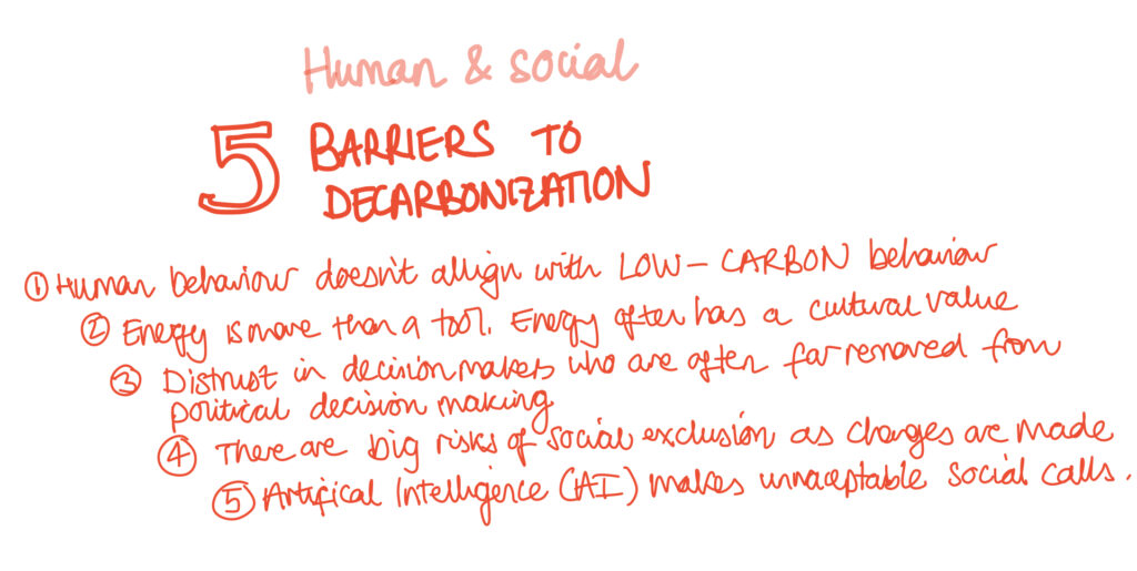 Sketch showing 5 barriers to decarbonization; behaviour, culture, political distruct, social exlusion and artificial intelligence